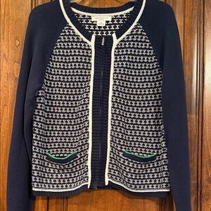 Liz Claiborne Navy and White zipper front Cardigan with Green Trimmed pockets